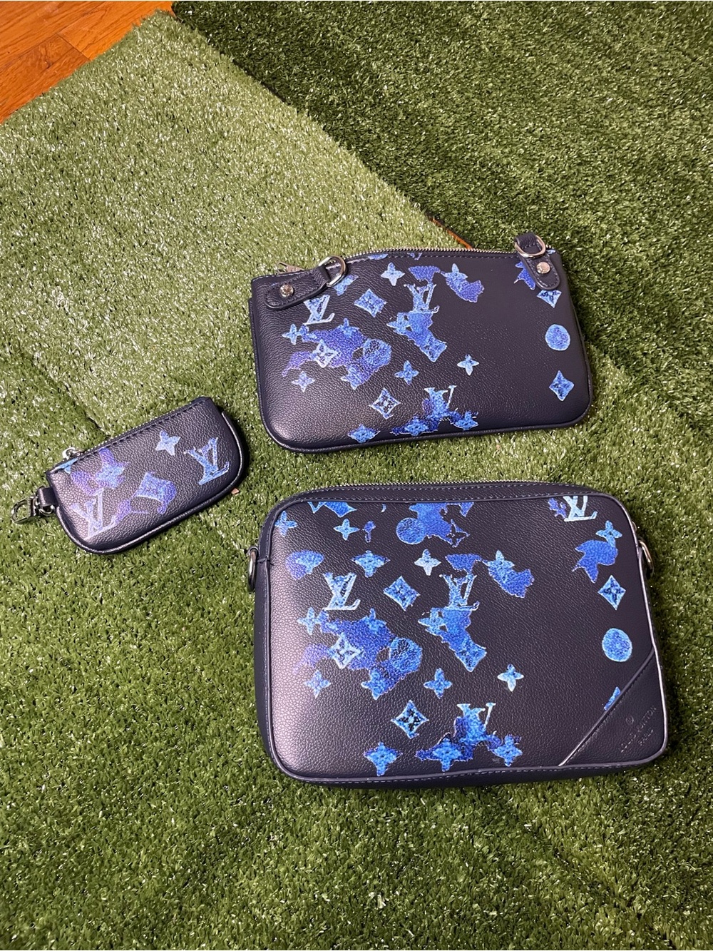 Louis Vuitton Black Pouch Trio with Blue Monogram Splash